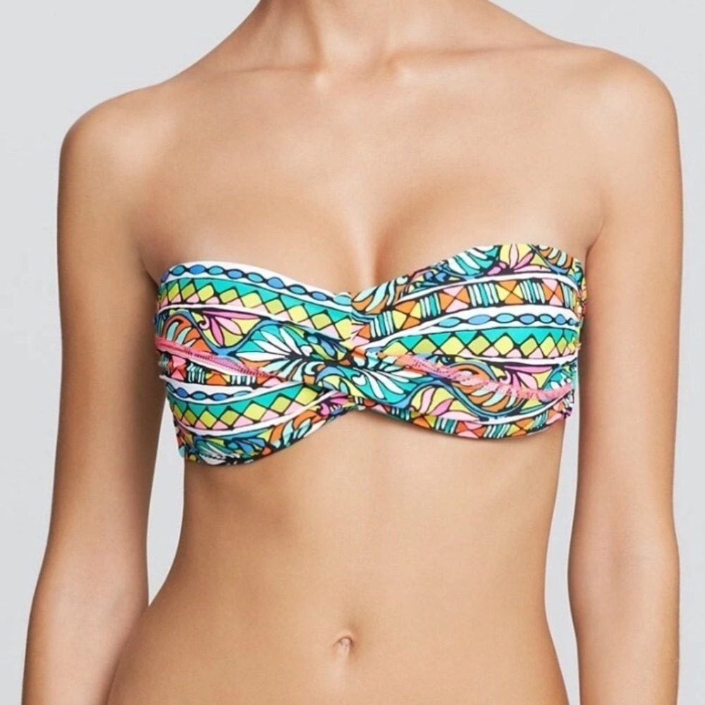 Trina Turk Bandeau Bikini Top Colorful Geometric Print Swimsuit Tie Back Siz 8